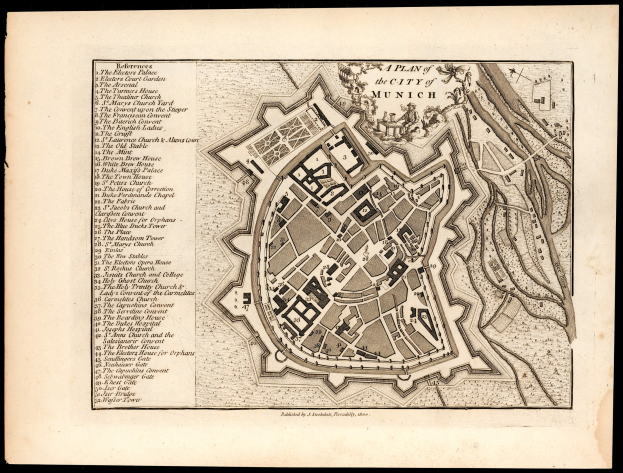 Ein altes Stadtplan von München, Deutschland, mit schwarzem Hintergrund, das detaillierte Straßen, Gebäude und Sehenswürdigkeiten zeigt, zusammen mit Text, der zusätzliche Informationen bietet.