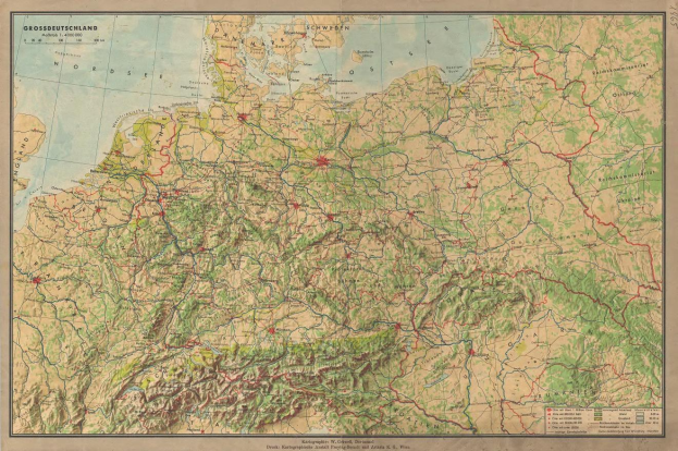 Alte Deutschlandkarte mit Straßen, Autobahnen und geografischen Merkmalen mit Text oben und unten.