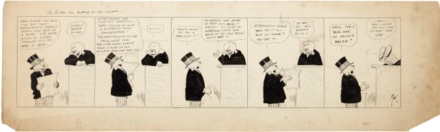 Ein Comic-Strip-Panel, das einen Mann mit Zylinder und eine Frau in einem Kleid zeigt, die in einer Diskussion vertieft sind, wobei der Mann ein Blatt Papier hält.