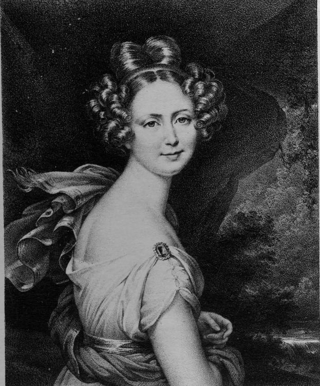 Schwarzes und weißes Porträt von Maria Feodorovna von Russland in einem Kleid mit dunklem Hintergrund, direktem Blick und sanftem Ausdruck.