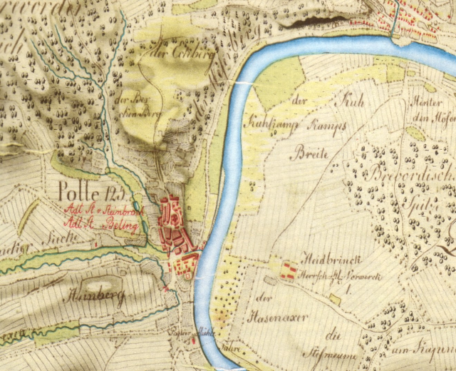 Ausführliches altes Stadtplan von Polle, Deutschland, mit einem Fluss, Straße und Gebäude markiert.
