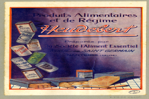 Ein Plakat mit verschiedenen Lebensmitteln, darunter Schachteln, und der Aufschrift "Heidelberg - Produkte Alimentaires et de Régime Heidelberg".