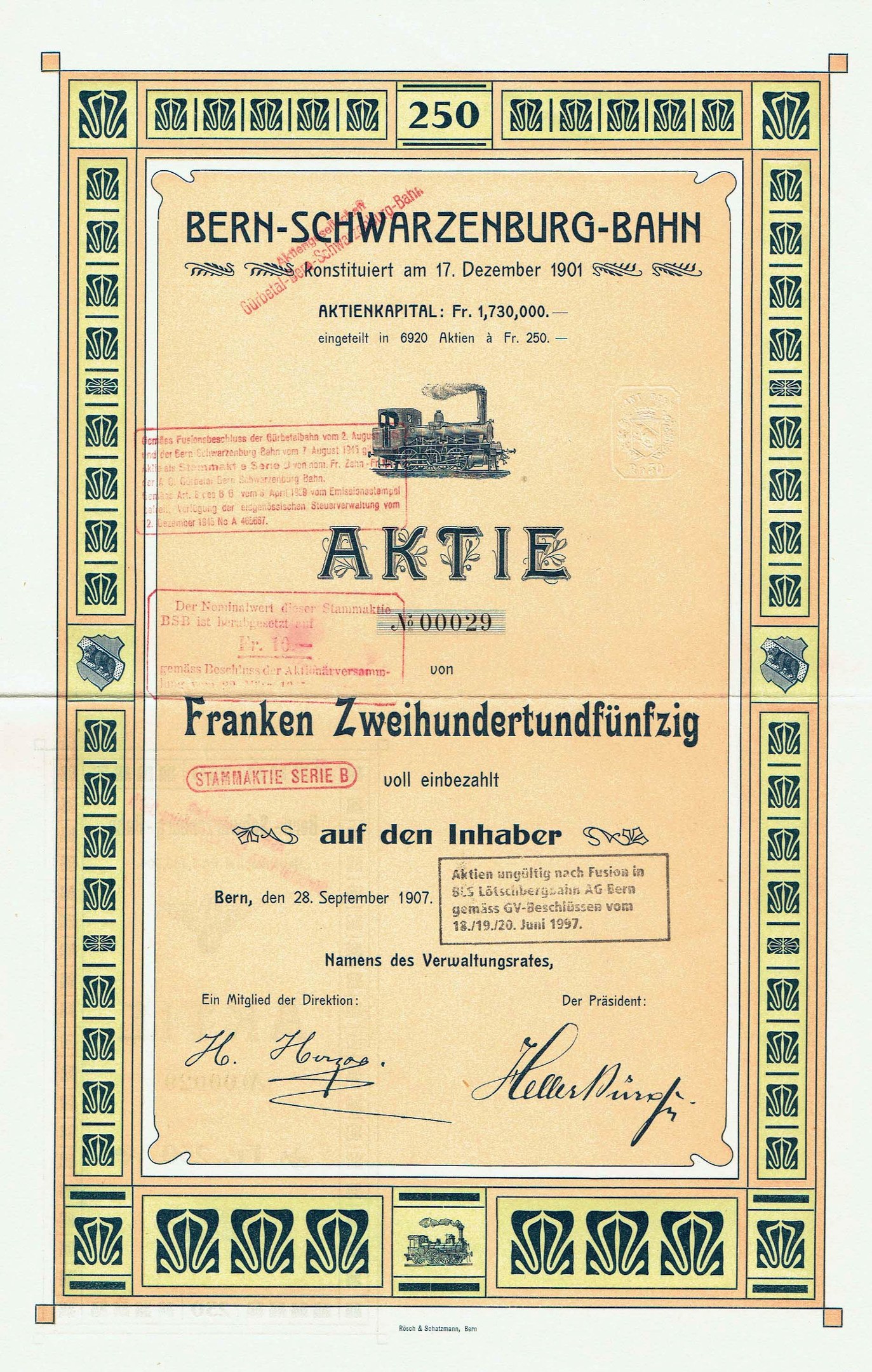 Altes Aktienzertifikat der deutschen Regierung von Bern-Schwarzenburg-Bahn mit Text und einer Illustration eines Zuges.