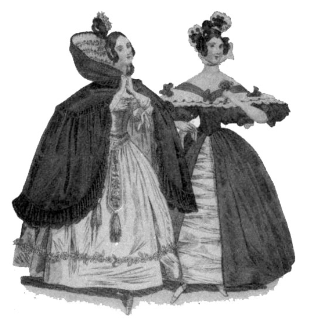 Zwei Frauen in Viktorianerkleidern, die lange, detaillierte Kleider mit eleganten Hochsteckfrisuren tragen und sich in einem schwarz-weißen Bild anlächeln.