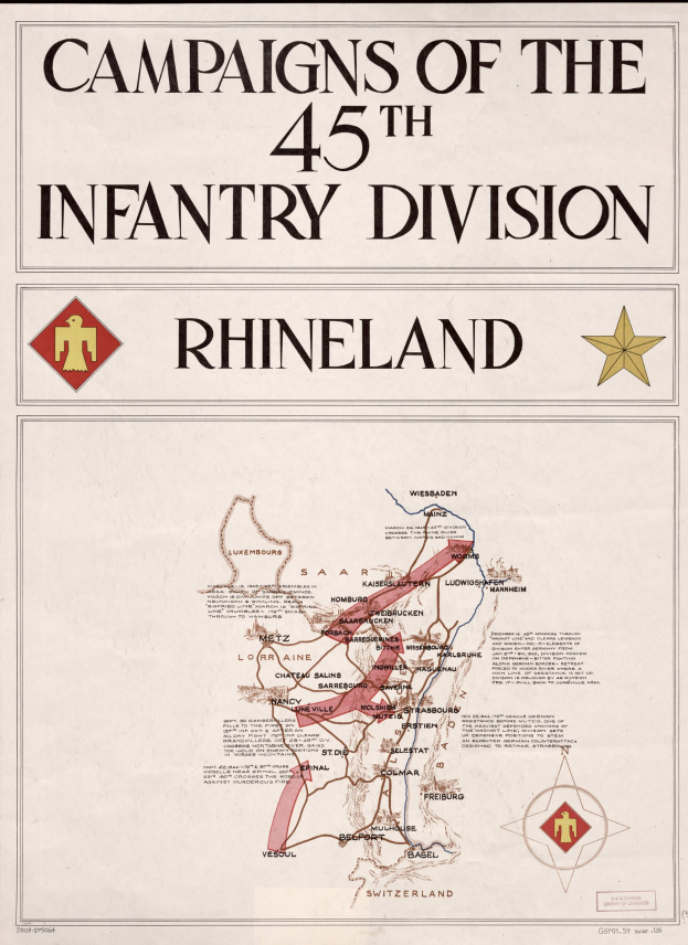 Plakat mit detaillierter Karte der Kampagnen der 45. Infanteriedivision in Rheinland, farbkodiert nach Division, begleitet von erklärendem Text.