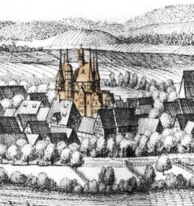 Schwarz-weiß-Zeichnung einer kleinen Stadt mit einer zentral gelegenen Kirche, umgeben von Bäumen und Hügeln, mit dem Text "Gotische Architektur in Deutschland" unten.