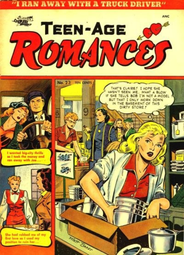 Ein leuchtendes DC-Comics-Plakat namens "Teen-Age Romances 23-A", das eine Gruppe von Menschen in einer romantischen Umarmung zeigt.