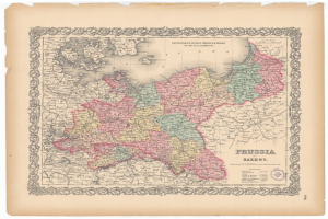 Eine alte Karte von Preußen und Sachsen, die ihre Grenzen zeigt, auf Papier gedruckt.