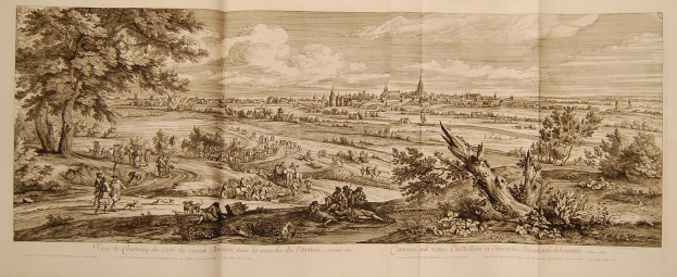 Offenes Buch mit der Aufschrift 'Ansicht der Schlacht von Castellum und Castellium aus der Illustrated London News', das eine Landschaft mit einer Gruppe von Menschen im Vordergrund, Bäumen, Pflanzen, Gebäuden und Wolken am Himmel zeigt.