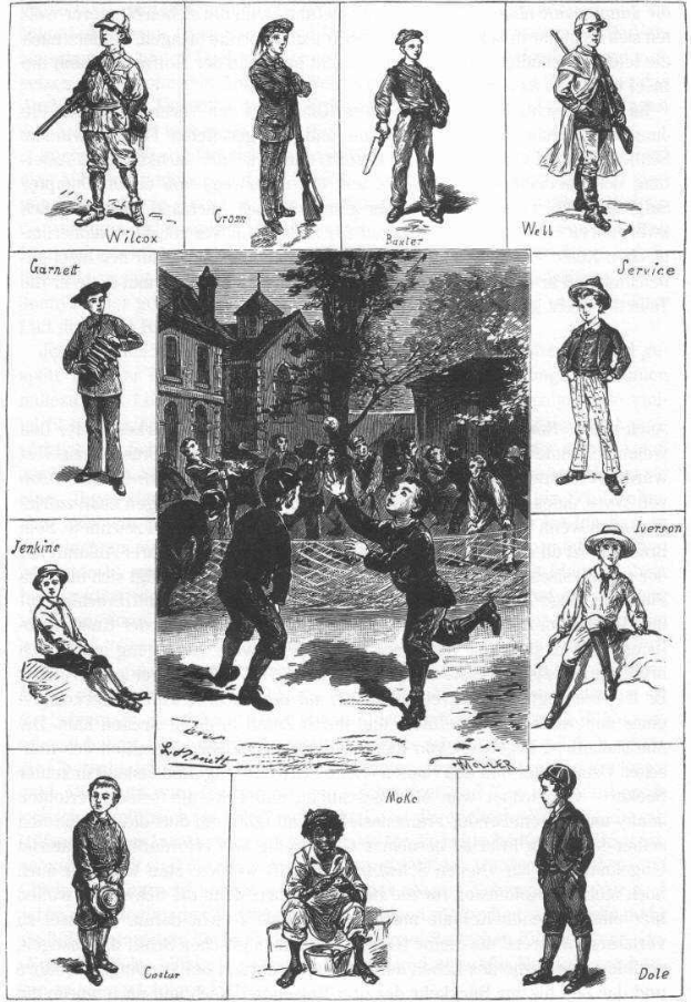 Schwarze und weiße Zeichnung von Kindern, die Baseball spielen, mit einem Gebäude und Bäumen im Hintergrund, mit der Beschriftung "Die Geschichte des Baseballs" unten.
