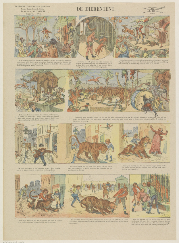 Eine Seite aus einem Buch mit einer Zeichnung einer Gruppe von Menschen und Tieren, darunter ein Tiger, sowie begleitendem Text.