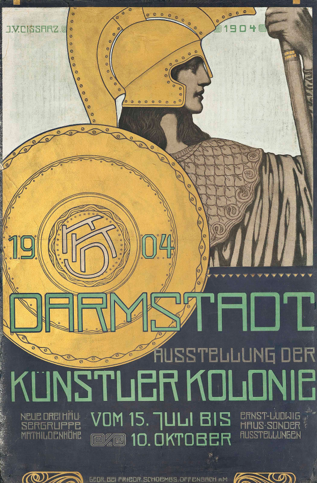 Plakat für ein 1904er-Konzert in Berlin, Deutschland, mit einer Person in einem Helm, die ein Schild hält, und 'Darmstadt' und 'Künstlerkolonie' in fetter Schrift.