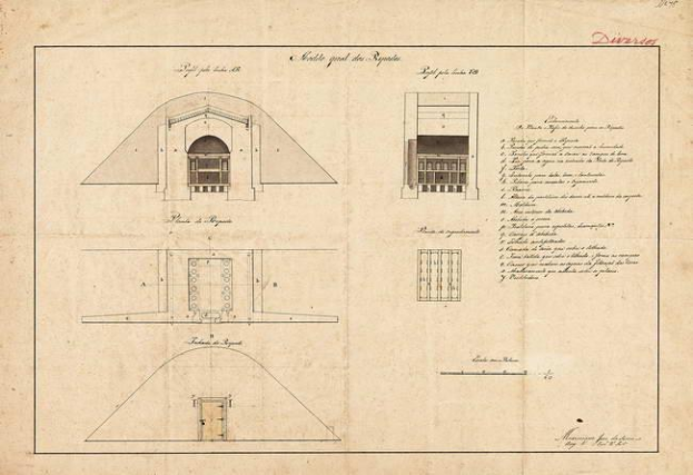 Architektonischer Grundrissentwurf für das Düsseldorfer Museum, mit einem Geb├Ąude mit zahlreichen Fenstern und einer Tür, begleitet von detaillierten Skizzen und Textanmerkungen.