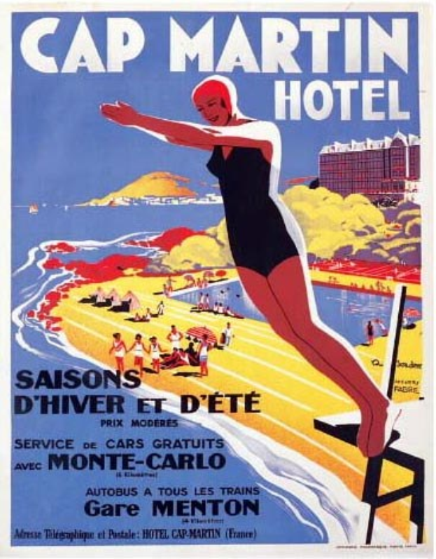 Werbeposter für das Cap Martin Hotel in Monte Carlo mit einer Frau in Badekleidung, umgeben von Menschen, Wasser, Hügeln und einem Gebäude, mit Text.