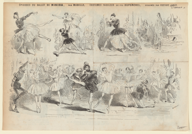 Ein Buchseite mit einer lebendigen Zeichnung einer Gruppe von Menschen, die im Einklang tanzen, mit begleitendem Text, der das Datum, die Uhrzeit und den Ort des Ereignisses angibt.