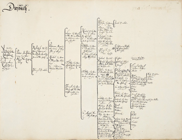 Offenes Buch mit handschriftlicher genealogischer Familiengeschichte einer deutschen Familie