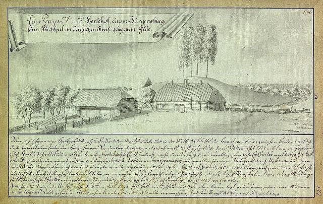 Ein verblichenes Dokument mit der Überschrift "Surgensburg, Deutschland - Landschaft eines Hofes" mit einer Illustration eines Hofes in der Mitte umgeben von Häusern, Bäumen und einem Himmel.