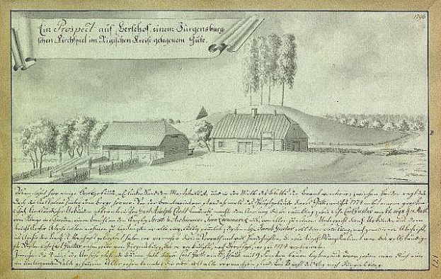 Ein verblichenes Dokument mit der Überschrift "Surgensburg, Deutschland - Landschaft eines Hofes" mit einer Illustration eines Hofes in der Mitte umgeben von Häusern, Bäumen und einem Himmel.