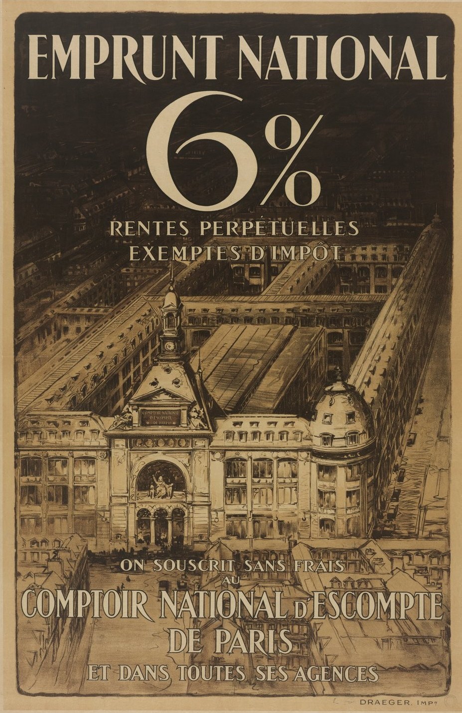 Plakat mit einem hellblauen Hintergrund, das ein großes, zweistöckiges Gebäude mit einem roten Dach und weißen Wänden zeigt und zentrierte Text in fetter schwarzer Schrift, der "emprunt national 6% - rentes perpetuelles exemptes impot" liest.