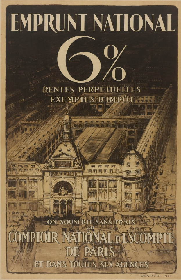 Plakat mit einem hellblauen Hintergrund, das ein großes, zweistöckiges Gebäude mit einem roten Dach und weißen Wänden zeigt und zentrierte Text in fetter schwarzer Schrift, der "emprunt national 6% - rentes perpetuelles exemptes impot" liest.