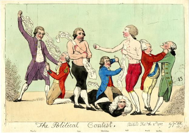 Ein politisches Cartoon, das eine Gruppe von Menschen in verschiedenen farbigen Kleidern zeigt, wobei eine Person in der Mitte auf dem Boden liegt und der Text 'Der politische Wettbewerb' unten steht.