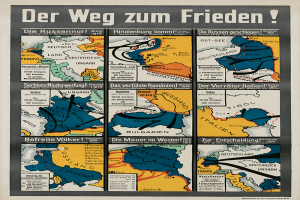Ein Plakat mit einer bunten Karte von Deutschland mit verschiedenen Symbolen und der fett geschriebenen Überschrift "Der Weg zum Frieden".