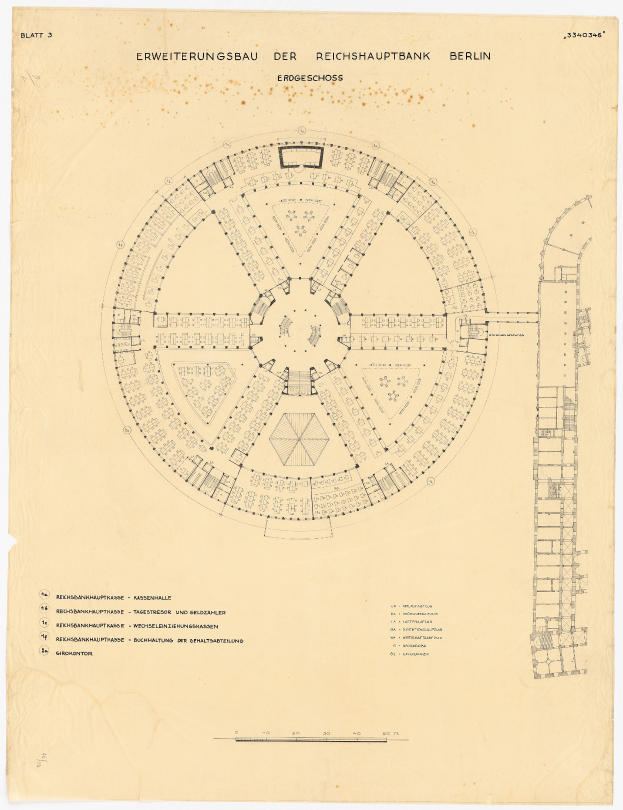 Eine Zeichnung der Reichshauptbank in Berlin, Deutschland, ein rundes Gebäude mit zahlreichen Fenstern, begleitet von Text und einem Layout-Plan.