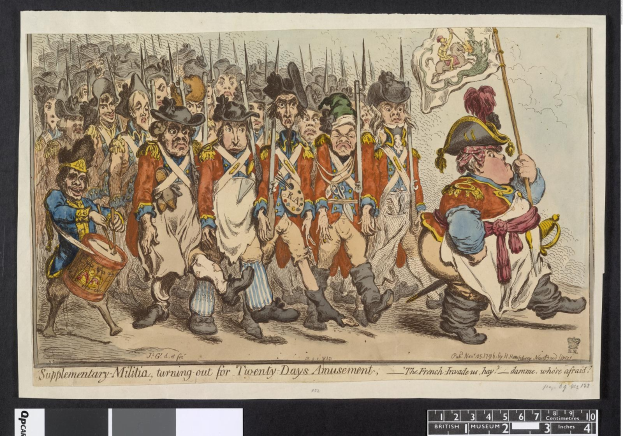 Gruppe von Männern in Militäruniformen marschiert auf einer Straße, einer hält einen Stock in der Hand, mit dem Text 'Ergänzender Landsturm, zum 20-tägigen Vergnügen' unten.