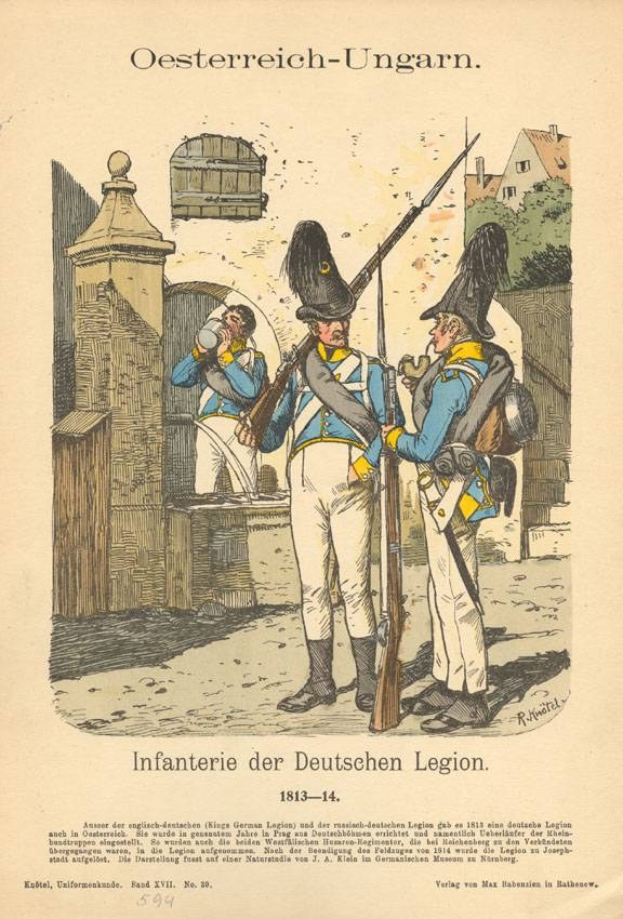 Altes Buchcover mit zwei uniformierten Männern, einer hält eine Waffe, vor einem Hintergrund aus Bäumen und Gebäuden, und der Titel "Infanterie der Deutschen Legion 1813-14".