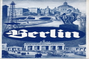 Plakat, das Berlin, Deutschland zeigt, mit einer Statue, Gebäuden, einem Turm, Menschen, Fahrzeugen auf der Straße und einer Brücke