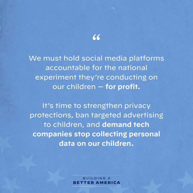Plakat mit einem Zitat aus "Building a Better America", das die Verantwortung von Social-Media-Plattformen für das Wohlbefinden von Kindern kritisiert, geschmückt mit Sternen.