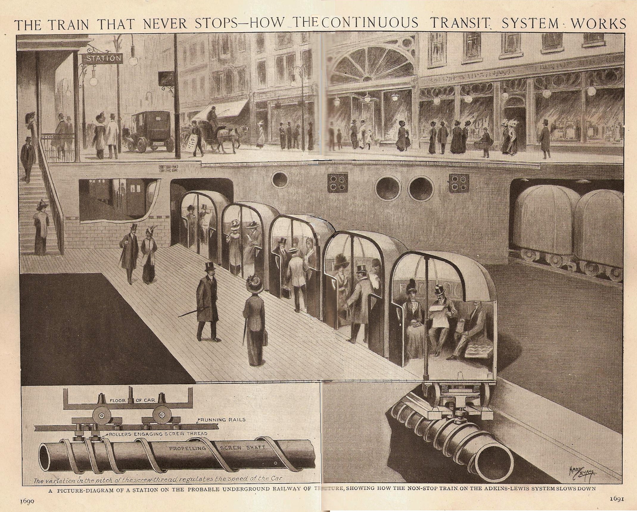 Eine Zeitung mit Bildern von Menschen, Zügen und anderen Gegenständen sowie einem Titel, der lautet: "Der Zug, der nie aufhört - so funktioniert das ständige Transportsystem."