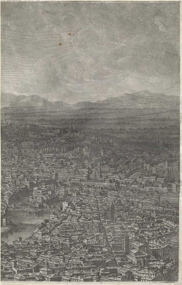 Schwarz-weißes Gravurabbild von Florenz, Italien, das Gebäude, Hügel und Himmel zeigt, mit dem Text "Florenz, Italien" unten.