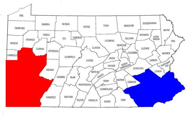 Eine Karte von Pennsylvania, die Wahlergebnisse zeigt, mit Landkreisen in rot und blau markiert und beschriftet mit "Pennsylvania Wahl-Ergebnisse".