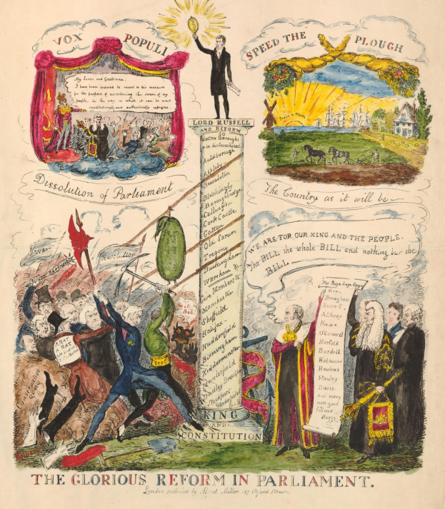 Ein buntes illustriertes Dokument namens "Die glorreiche Reform im Parlament", das fette Schrift und verschiedene lächelnde Menschen zeigt und somit Hoffnung und Fortschritt symbolisiert.