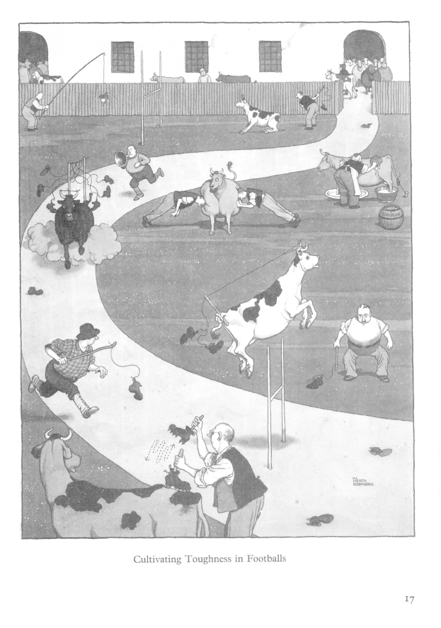 Schwarzes und weißes Bild von Menschen und Tieren auf einem Feld mit einer Wand und Fenstern im Hintergrund, das den Text "Härte im Fußball kultivieren" unten zeigt.