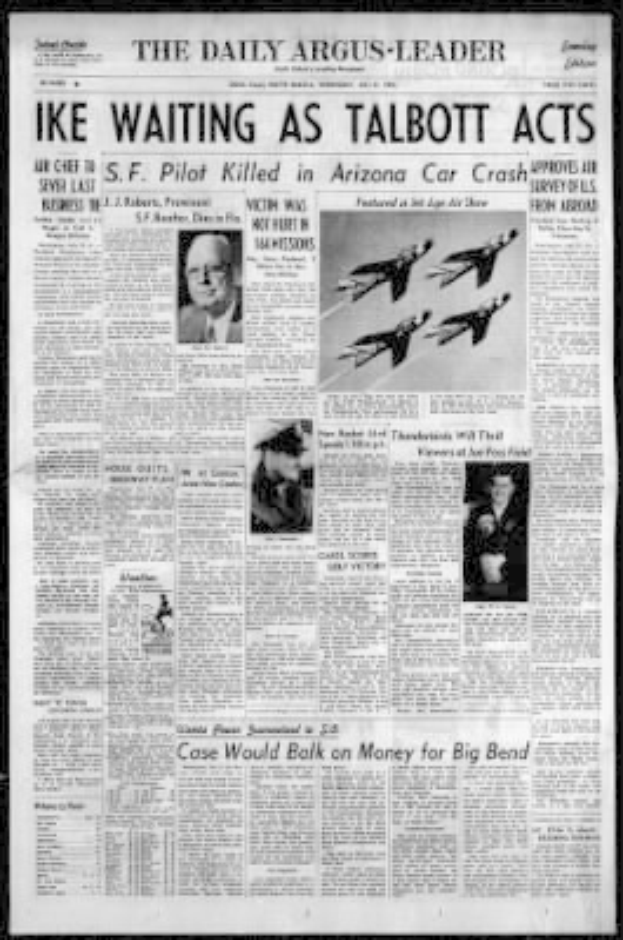 Titelseite der Daily Argus-Leader-Zeitung aus Arizona mit schwarzem Hintergrund, der Überschrift "Ike Waiting as Talbott Acts" und mehreren Bildern von Menschen und Flugzeugen.