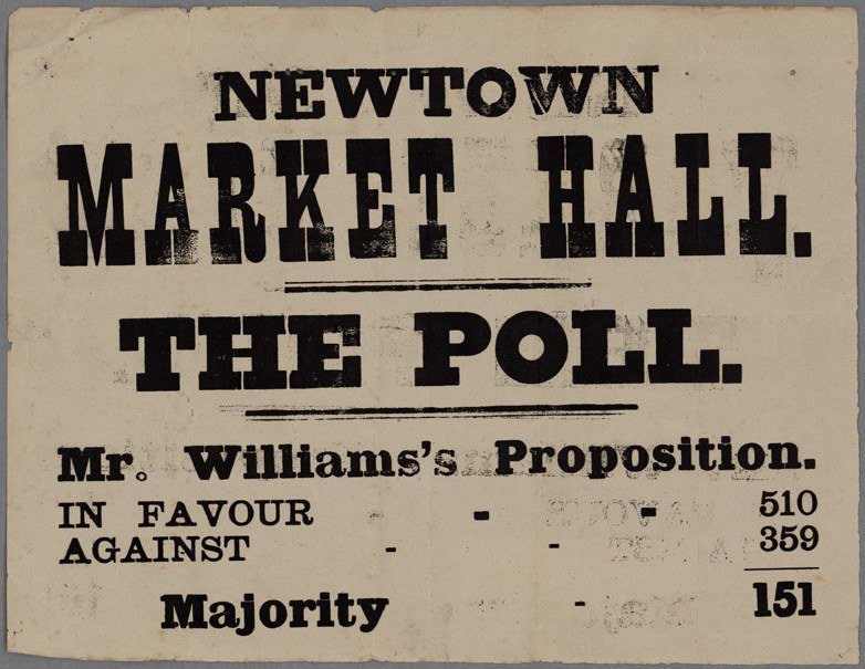Papier mit handgeschriebenem Text "Newtown Market Hall, die Wahl, Mr. Williams' Vorschlag für Mehrheit gegen"