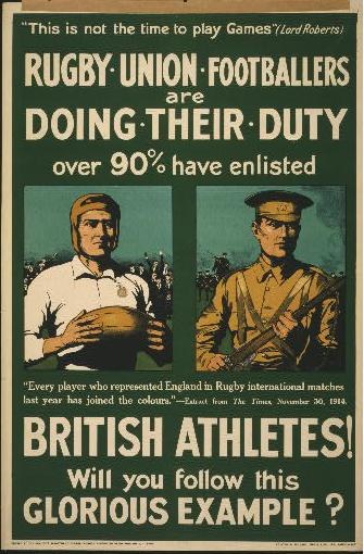 Zwei Rugbyspieler in einem Plakat, das über 90% der britischen Athleten rekrutiert hat, mit zusätzlichem Text, der Athlet und Dienstleistungsinformationen bereitstellt.