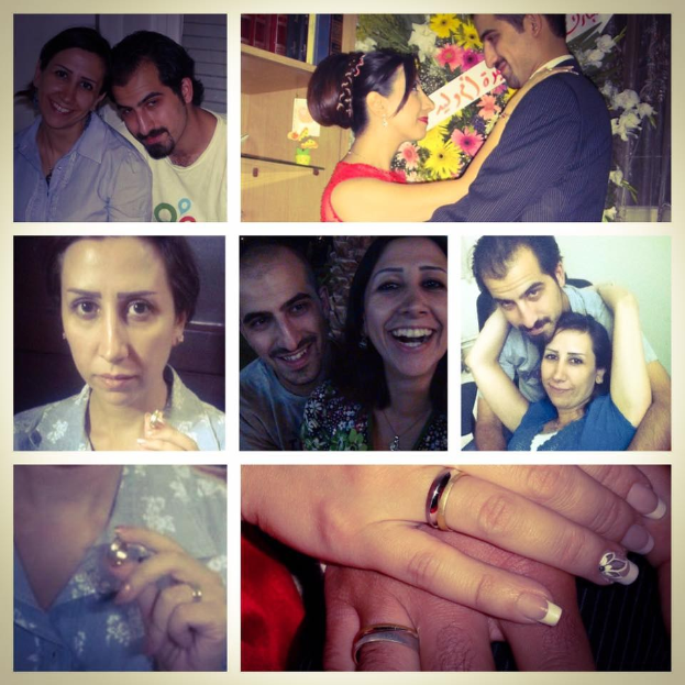 Ein Collage-Bild mit einem Mann und einer Frau, die Eheringe tragen und von Blumen und anderen Hintergrundobjekten umgeben sind.