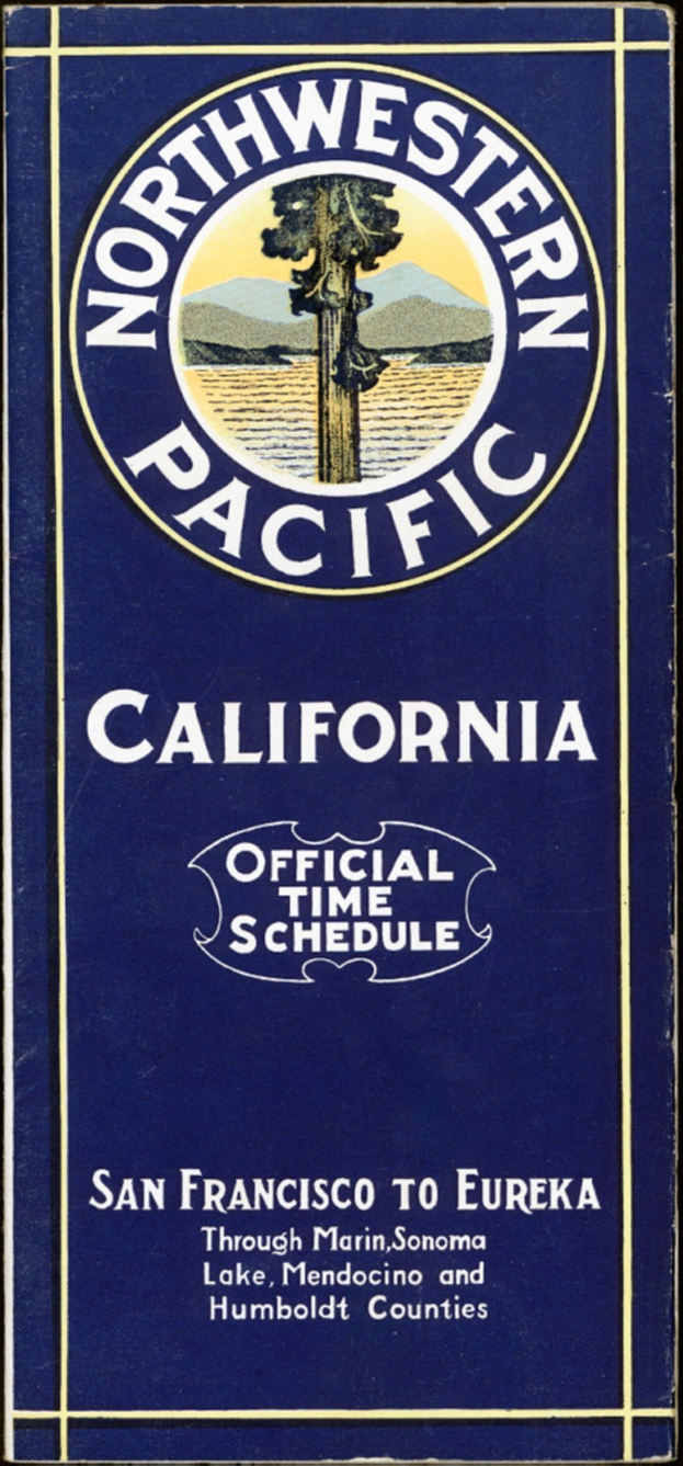 Plakat mit schwarzem Hintergrund, auf dem "Northwestern Pacific California Official Time Schedule" steht.