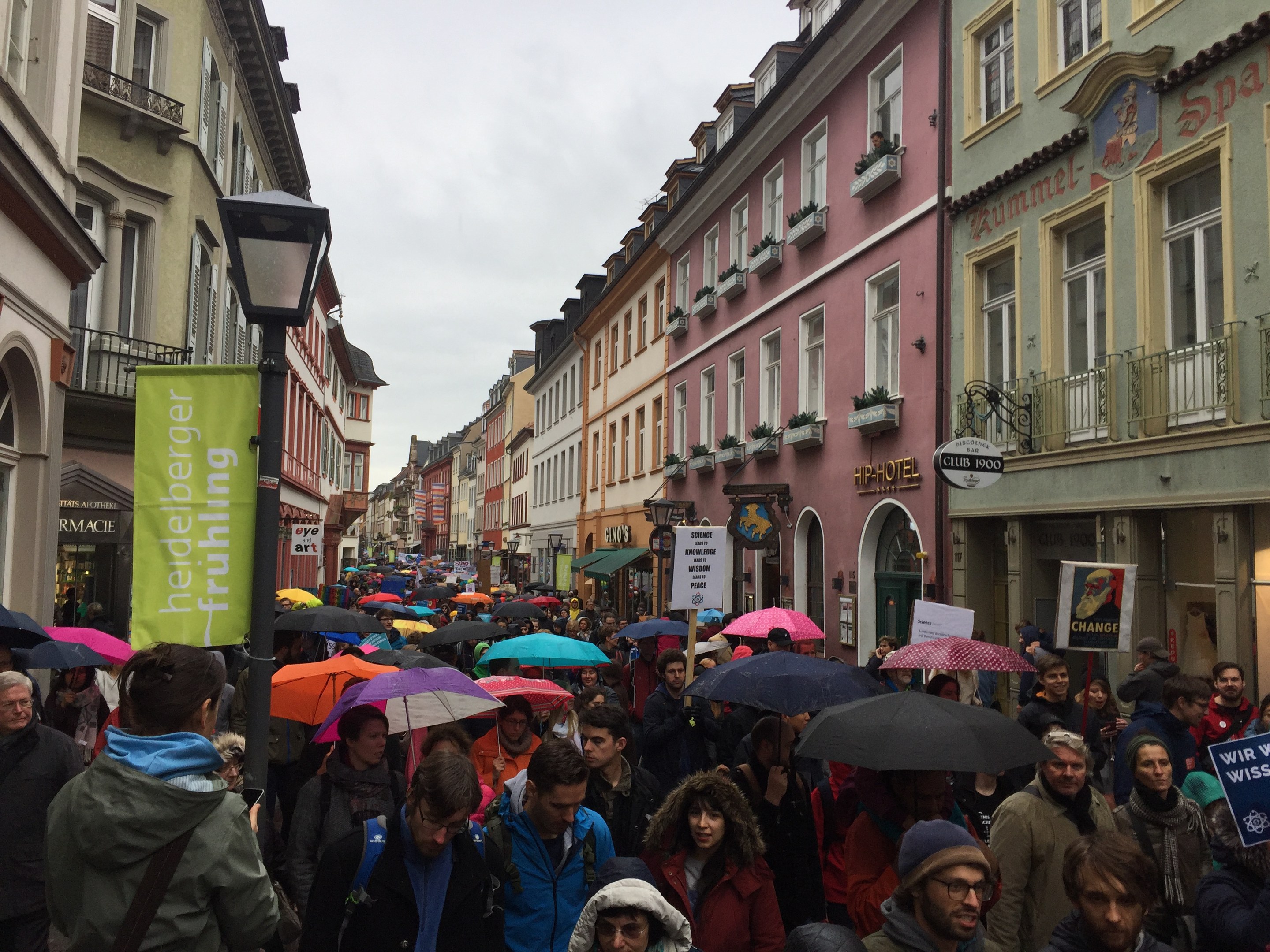 Große Gruppe von Menschen bei einem Klimastreik in Deutschland mit Schirmen, Taschen und Schildern auf der Straße unterwegs, mit Gebäuden und einem Laternenpfahl im Hintergrund.