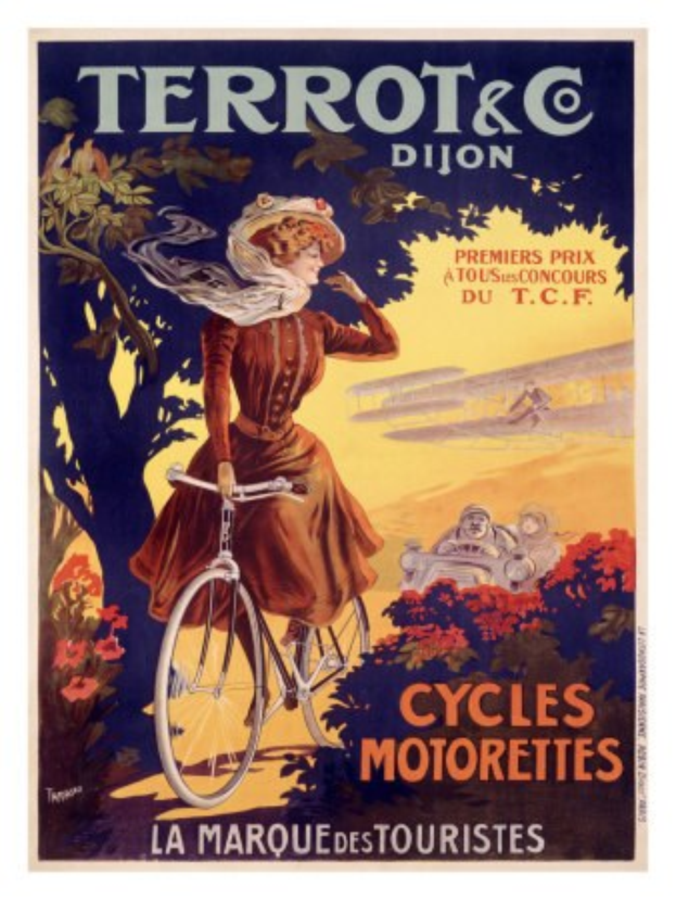 Ein Plakat, das eine Fahrradtour in Frankreich ankündigt und eine Frau zeigt, die auf einem Fahrrad durch eine Landschaft mit Bäumen, Blumen und anderen Menschen fährt, mit Texten, die die Tour beschreiben.