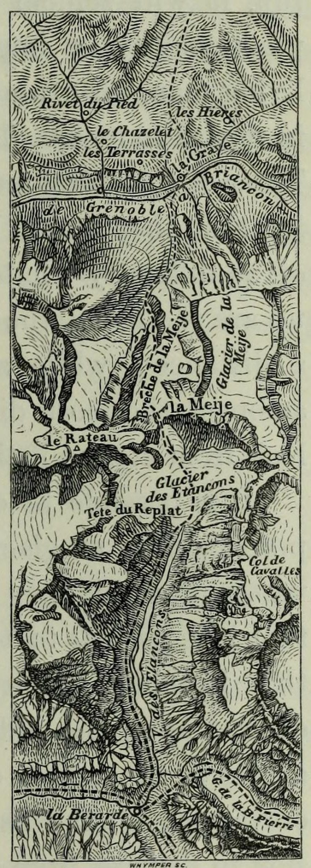Schwarze und weiße topografische Karte des Rhine River mit beschrifteten geografischen Merkmalen und Höhenlinien.
