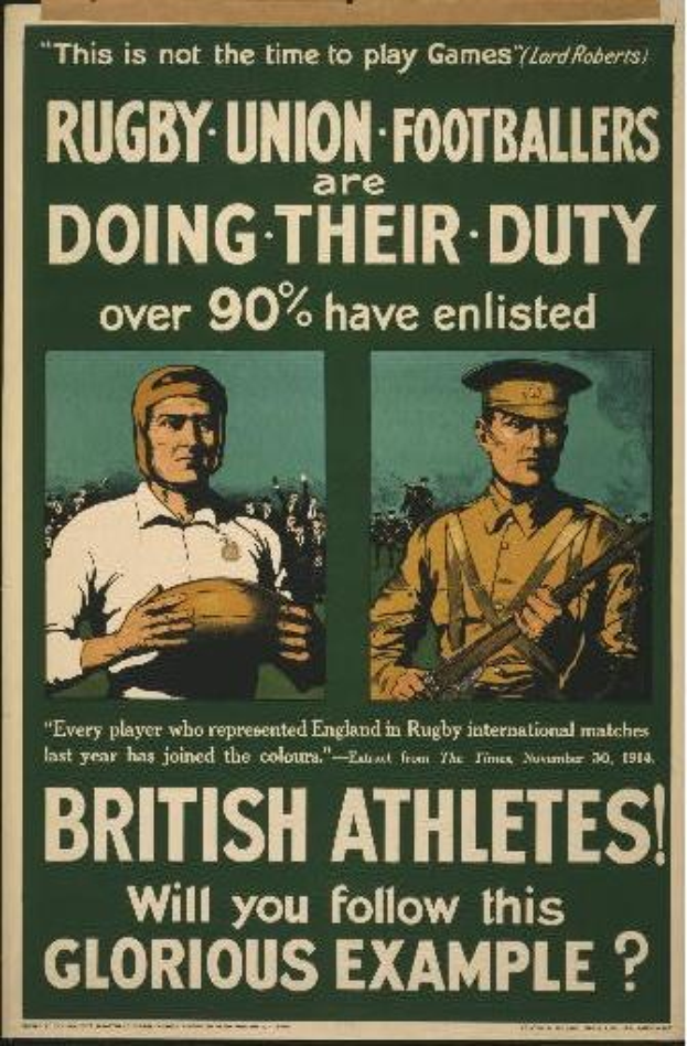 Zwei Rugbyspieler in einem Plakat, das über 90% der britischen Athleten eingezogen hat, mit begleitendem Text.
