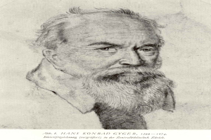 Ein Schwarz-Weiß-Zeichnung von Hans Konrad Gyger, einem deutschen Philosophen mit langem Bart, mit Text unten im Bild.