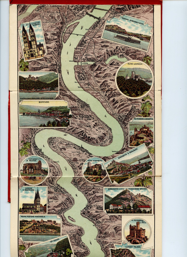 Alte Karte des Rheins in Deutschland in einem klassischen Photo-Frame gerahmt, umgeben von Illustrationen von Gebäuden, Bäumen und Wasser.