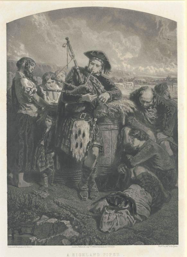 Schwarze und weiße Gravur eines Mannes, der eine Dudelsack vor einer Gruppe von Menschen spielt, mit einem bewölkten Himmel im Hintergrund und der Inschrift "Ein Highland Dudelsack" unten.