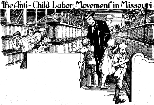 Plakat für die Anti-Kinderarbeit-Bewegung in Missouri, das eine Gruppe betroffener Menschen in traditioneller Kleidung mit Text oben und unten zeigt.