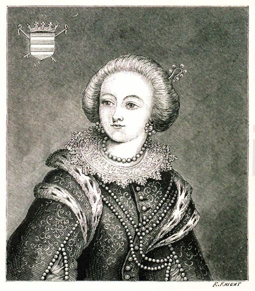 Schwarze und weiße Gravur von Königin Elizabeth I. in königlicher Kleidung mit hohem Kragen und zurückgebundenem Haar, die zur Seite schaut, mit einem Logo oben und Text unten.